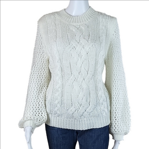 Marled Reunited Clothing Cream Pullover Crew Neck Cable Knit Beaded Swea…